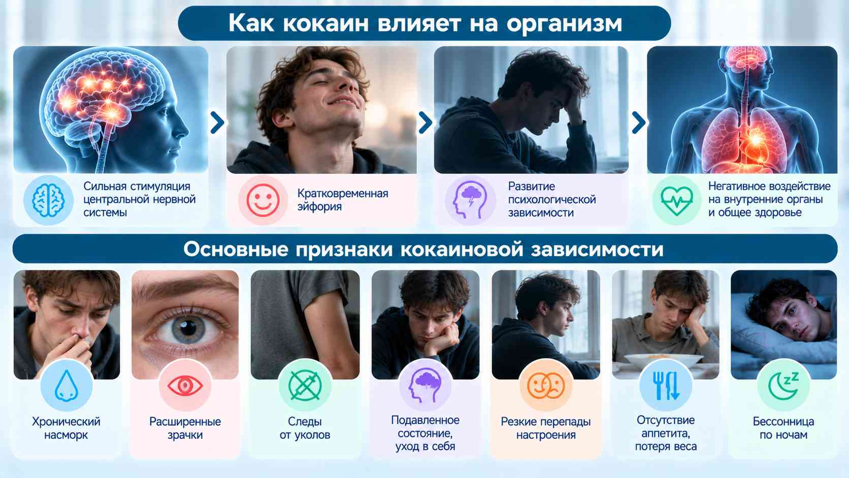 Инфографика о влиянии кокаина на организм и признаках зависимости: хронический насморк, расширенные зрачки, перепады настроения, потеря аппетита и нарушения сна.
